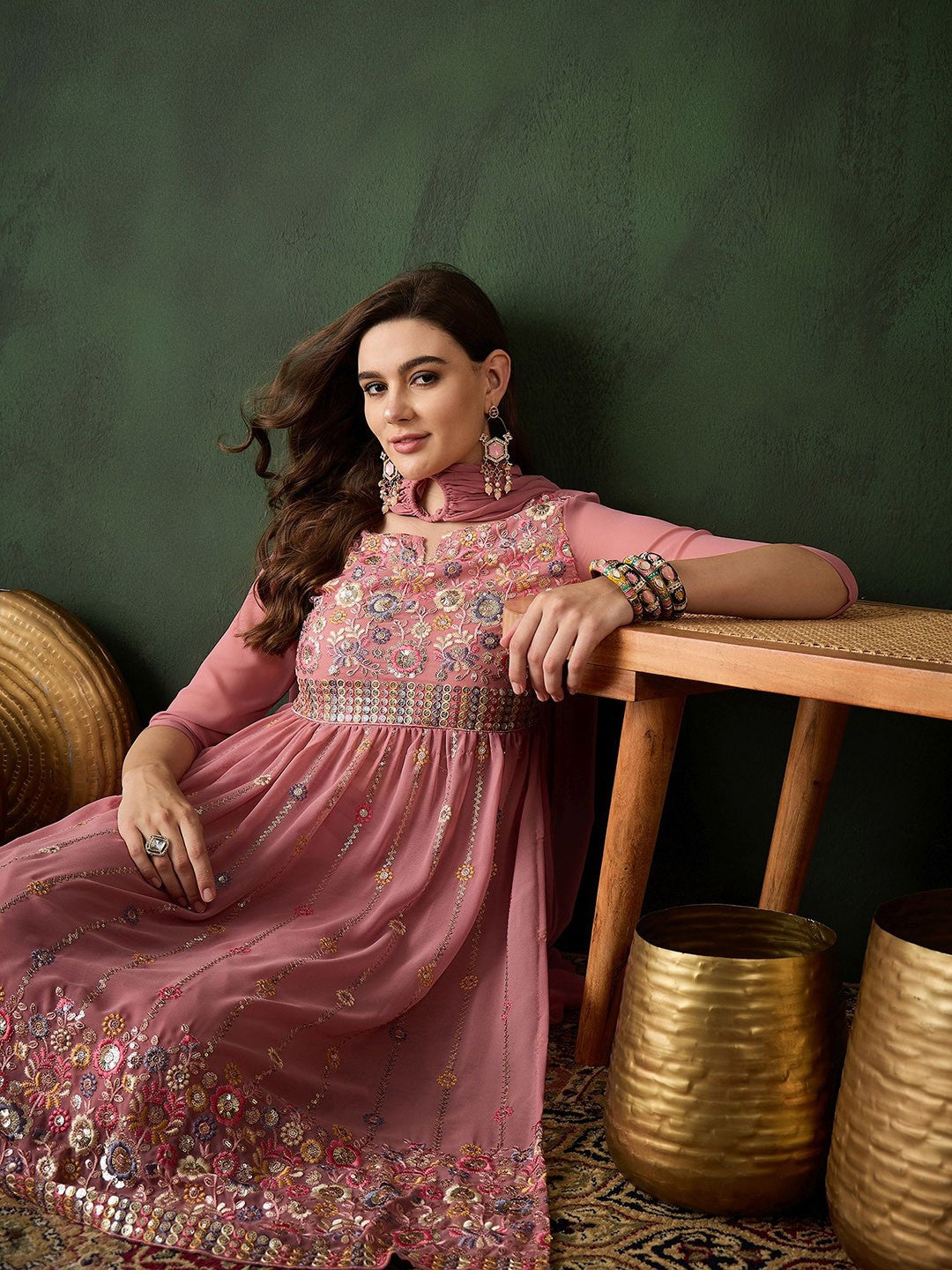 Embroidered Kurta & Trousers With Dupatta