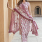 Floral Printed Thread Work Pure Cotton Kurta With Trouser & Dupatta