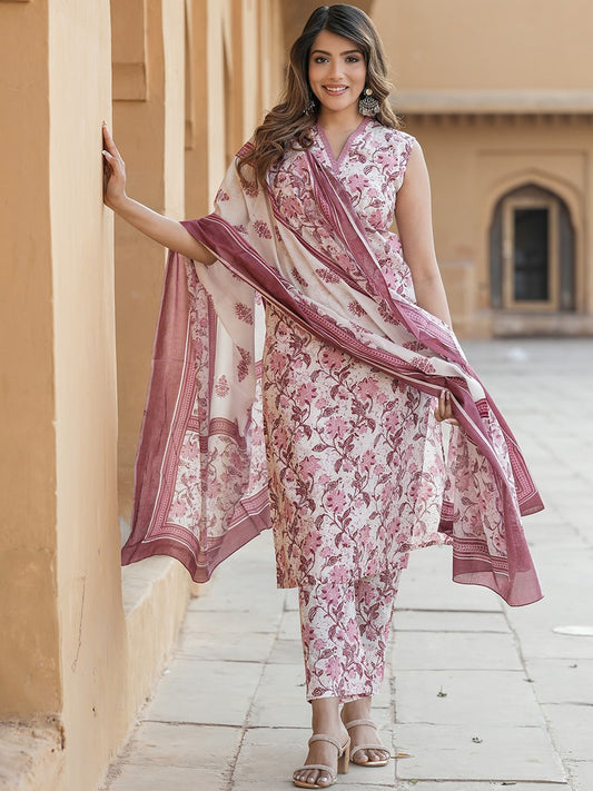 Floral Printed Thread Work Pure Cotton Kurta With Trouser & Dupatta