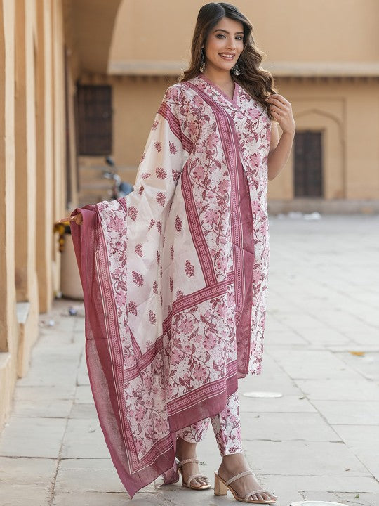 Floral Printed Thread Work Pure Cotton Kurta With Trouser & Dupatta