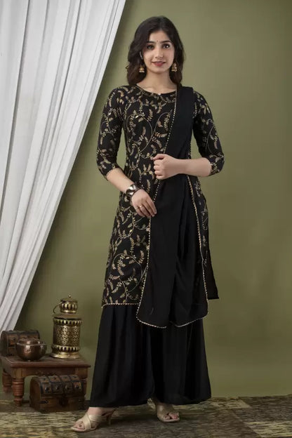 Women Elegant Viscose Rayon Kurta and Sharara Set with Dupatta