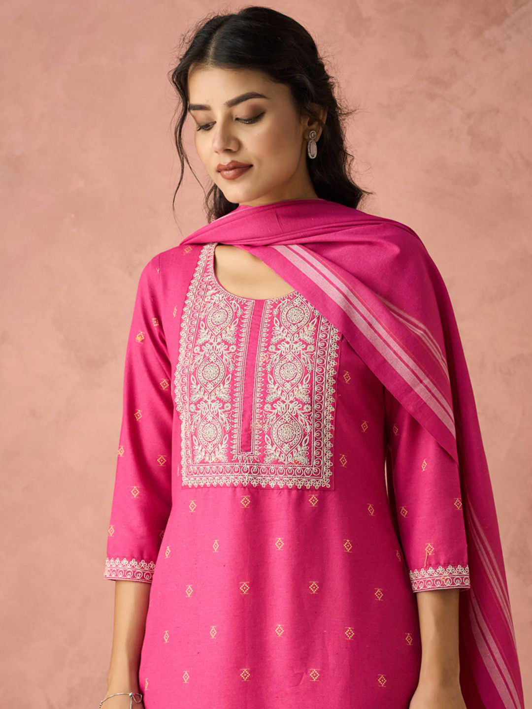 Ethnic Motifs Embroidered Straight Kurta With Trousers And Dupatta