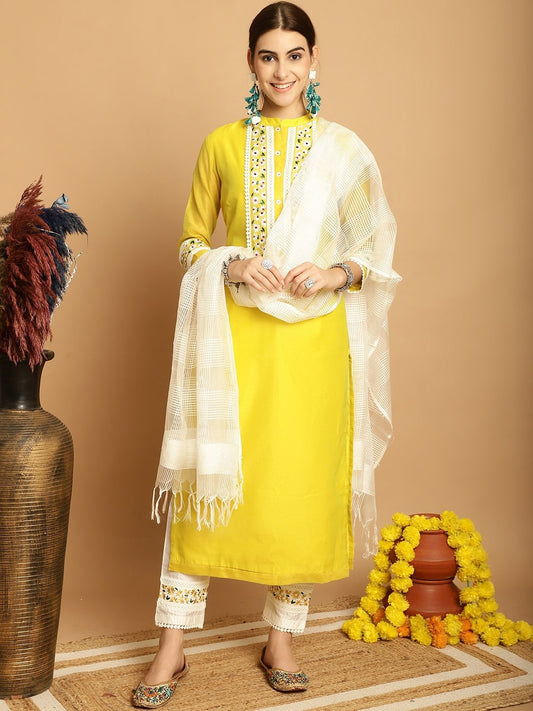 Floral Yoke Design Regular Thread Work Kurta With Trousers & Dupatta