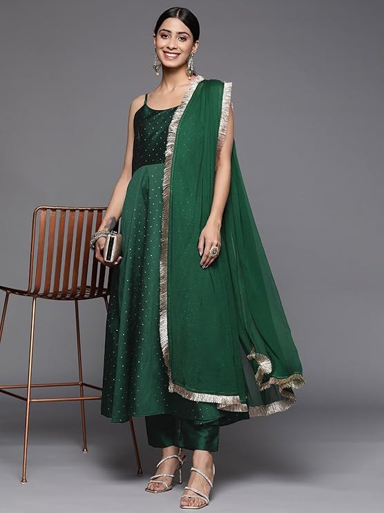 Women Green Anarkali Spaghetti Strap Kurta With Tonal Bottom & Dupatta