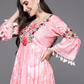 Peach-Coloured Floral Embroidered Tie-Up Neck Ethnic A-Line Dress