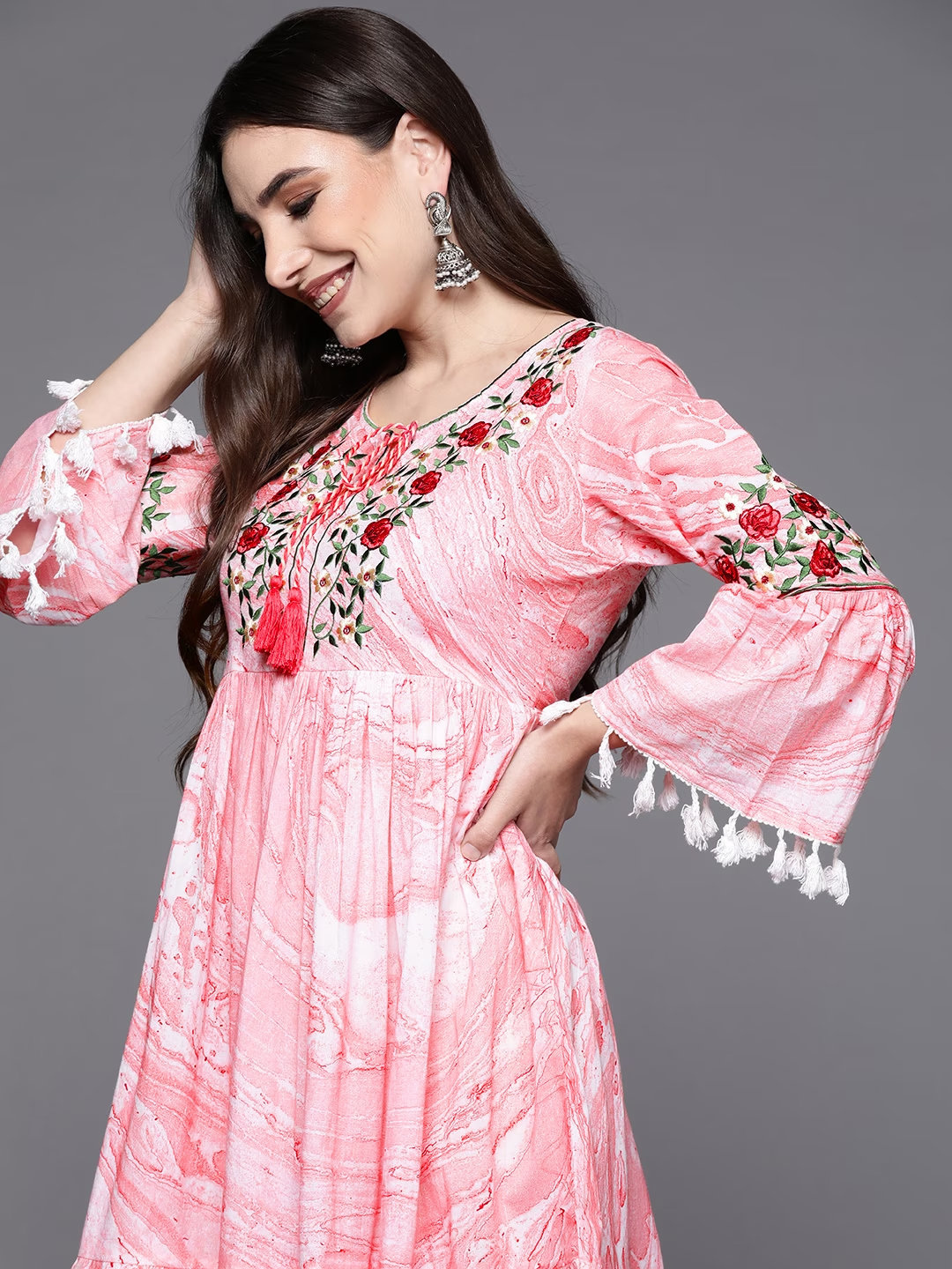 Peach-Coloured Floral Embroidered Tie-Up Neck Ethnic A-Line Dress