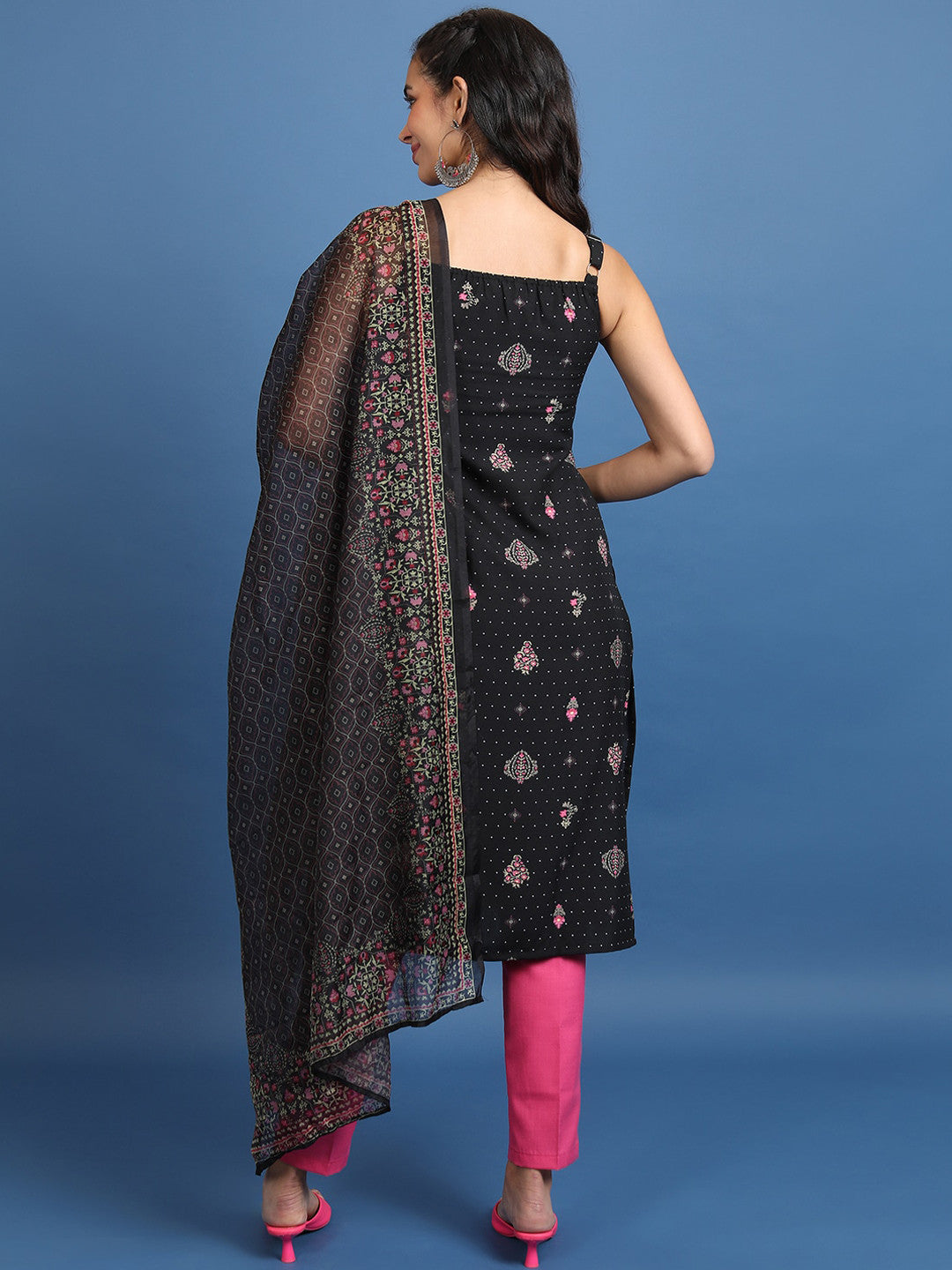 Black Floral Printed Regular Kurta With Trousers & Dupatta