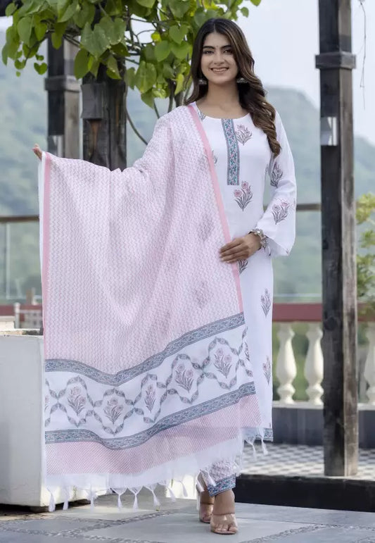 Women White Pink Viscose Rayon Kurta Pant Dupatta Set