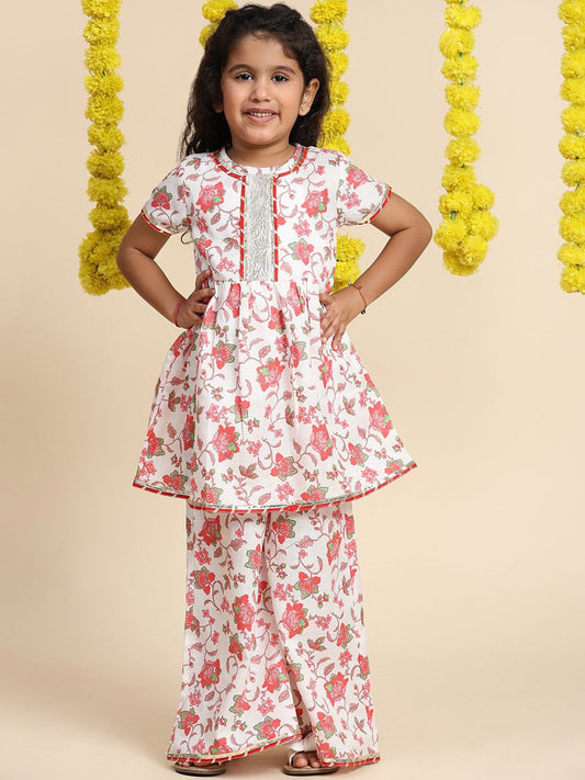 Girls Floral Printed Gotta Patti A-Line Kurta With Palazzos
