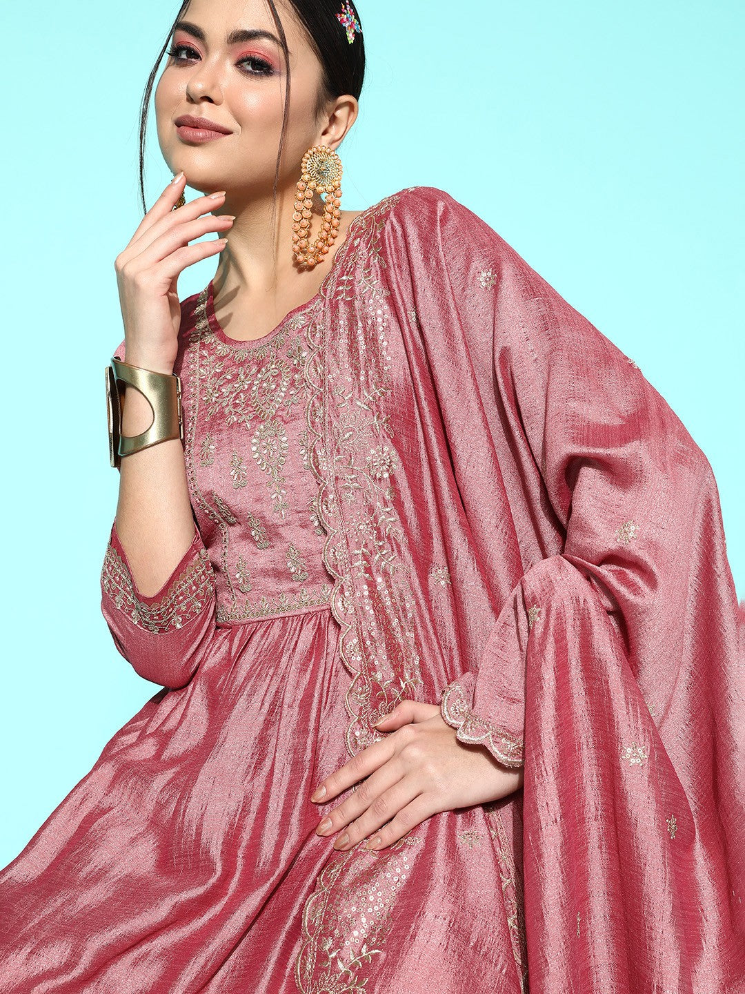 Women Pink Ethnic Motifs Embroidered Sequinned Kurta With Trousers & Dupatta