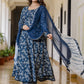 Blue Floral Printed Empire Pure Cotton Anarkali Kurta With Pyjama & Dupatta