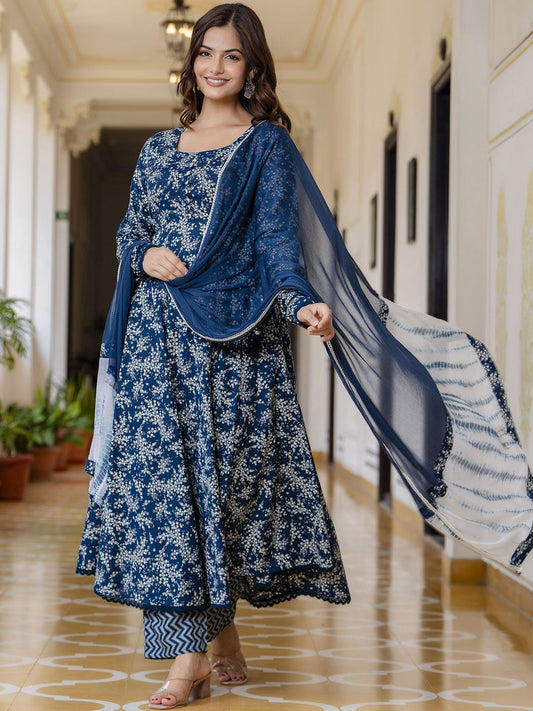 Blue Floral Printed Empire Pure Cotton Anarkali Kurta With Pyjama & Dupatta