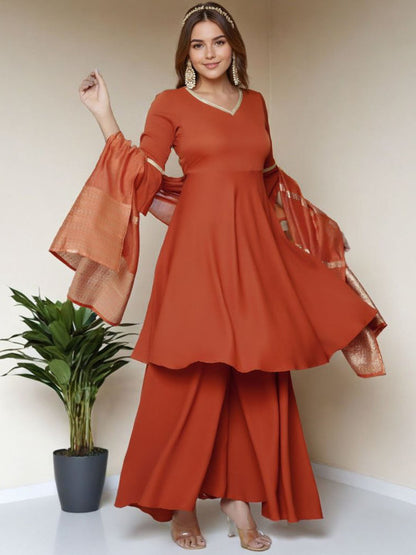 Women Printed Regular Pure Silk A-Line Kurta with Trousers & With Dupatta