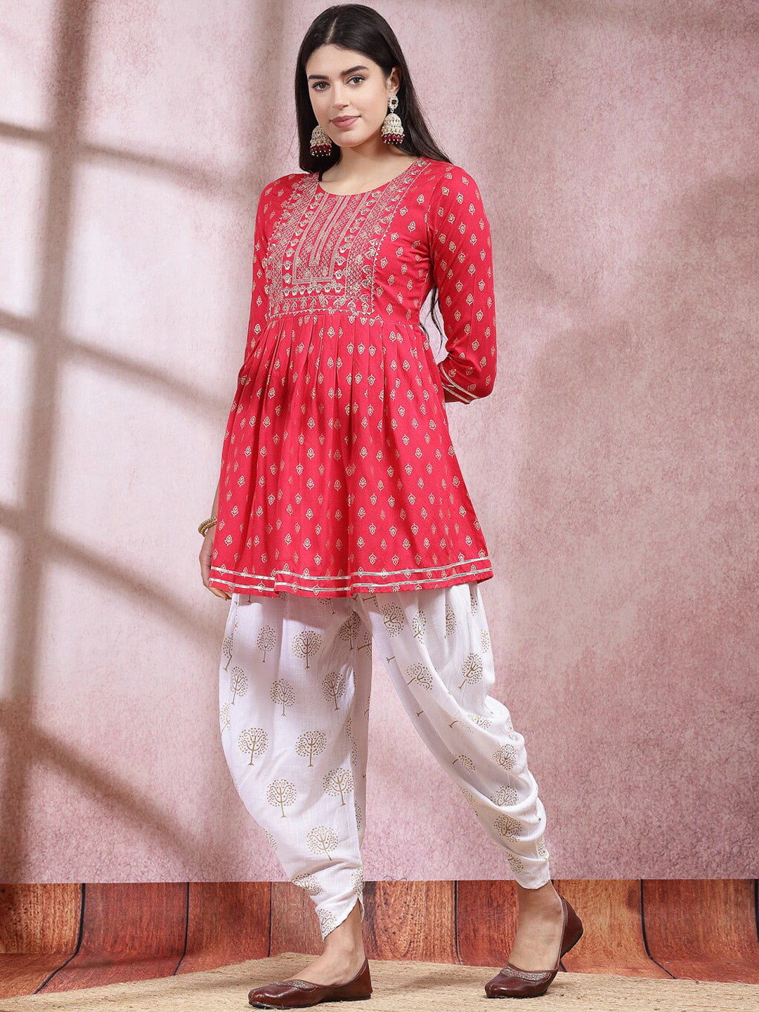 Pink Ethnic Motifs Printed & Embroidered Empire Anarkali Kurti With Dhoti Pant