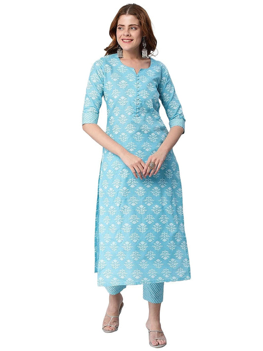 Women's Blue Printed Straight Kurta with Pant