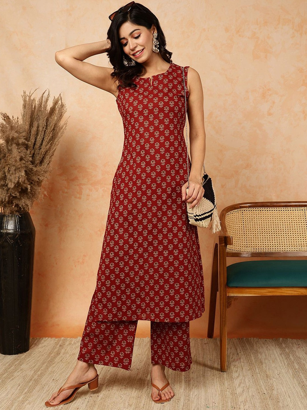 Floral Printed Pure Cotton Straight Kurta with Palazzos