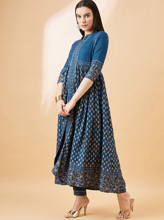 Ethnic Motifs Printed Gotta Patti Pleated A-Line Kurta With Trouser