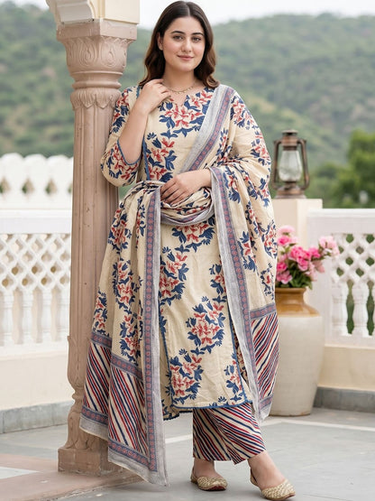 Women Floral Printed Regular Pure Cotton Kurta with Trousers & With Dupatta