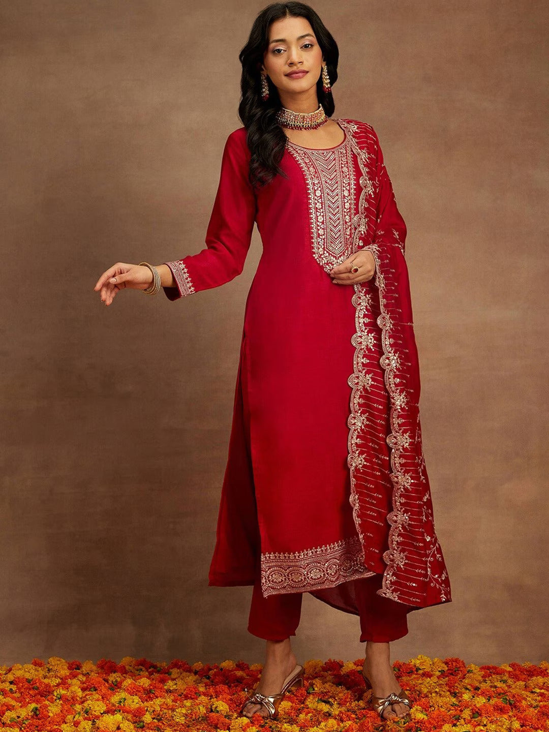 Pink Ethnic Motifs Yoke Design Sequinned Kurta with Trousers & With Dupatta