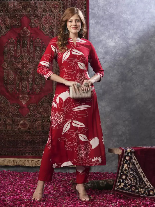 Floral Red Printed Straight Kurta With Palazzos