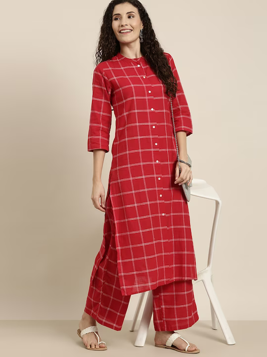 Women Red & Gold-Toned Printed Kurta with Palazzo