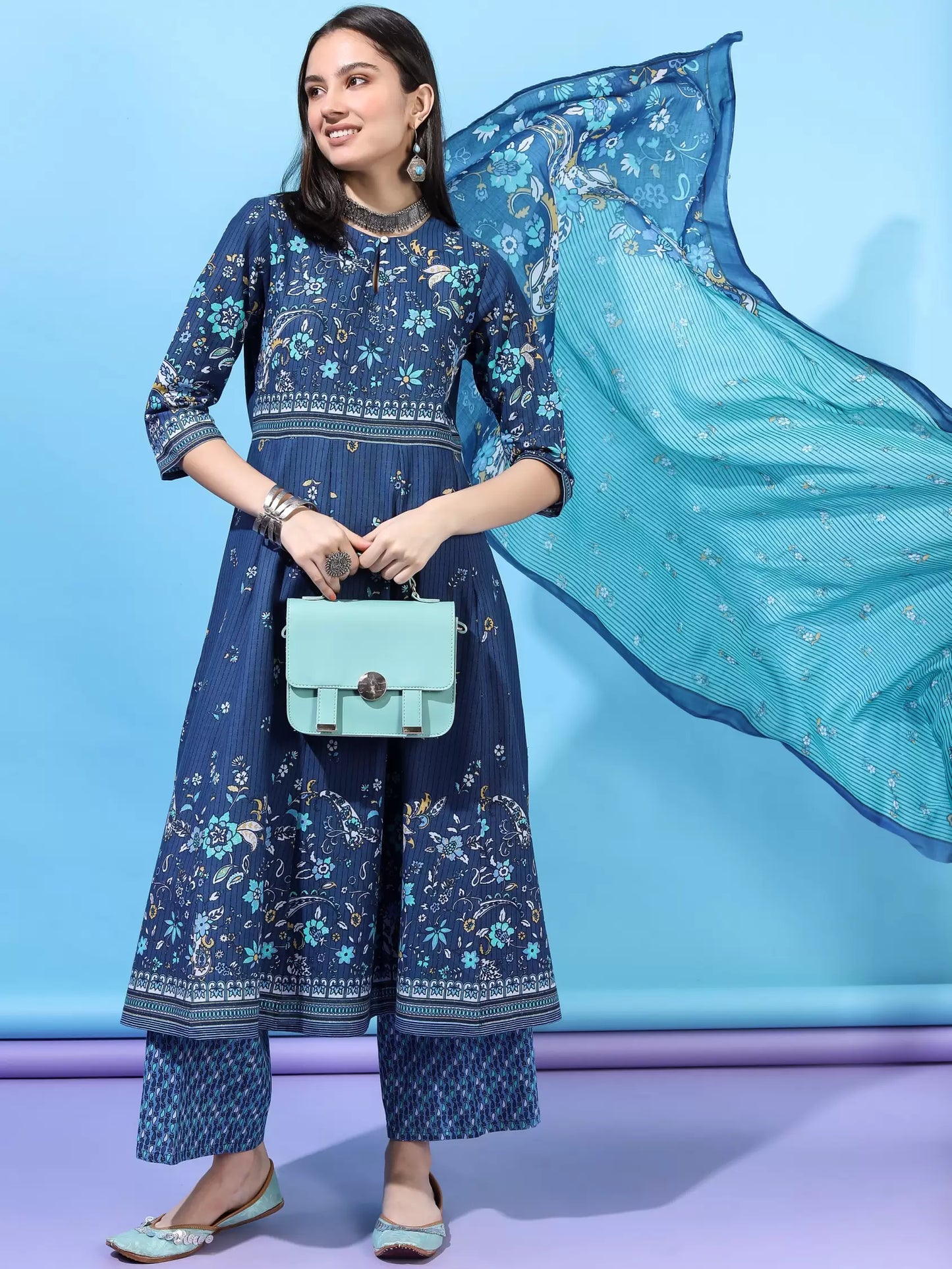 Women Blue Pure Cotton Kurta Palazzo Set