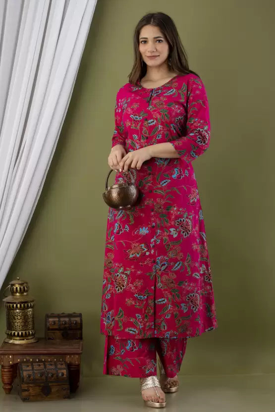 Women Pink Kurta and Palazzo Set Viscose Rayon