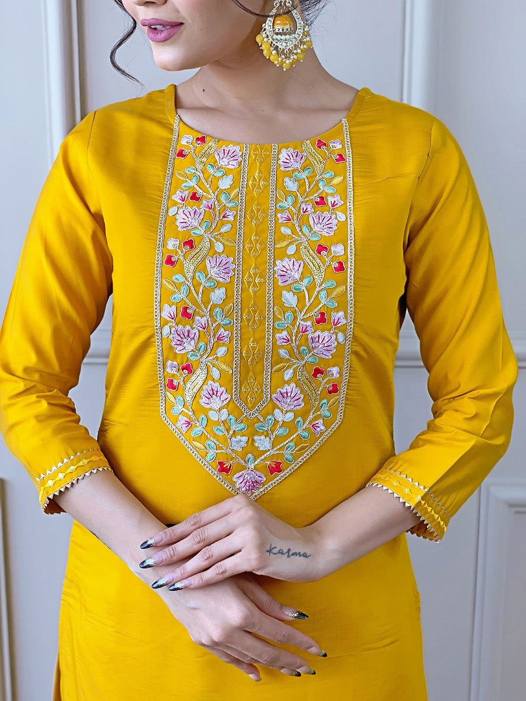 Floral Embroidered Straight Kurta With Trousers & Dupatta