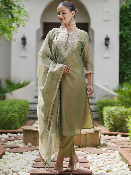 Women Ethnic Motifs Embroidered Regular Liva Kurta with Trousers & With Dupatta