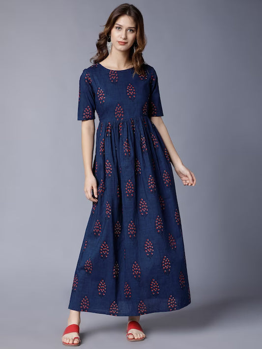 Navy Blue Ethnic Motifs Printed Cotton Maxi Dress