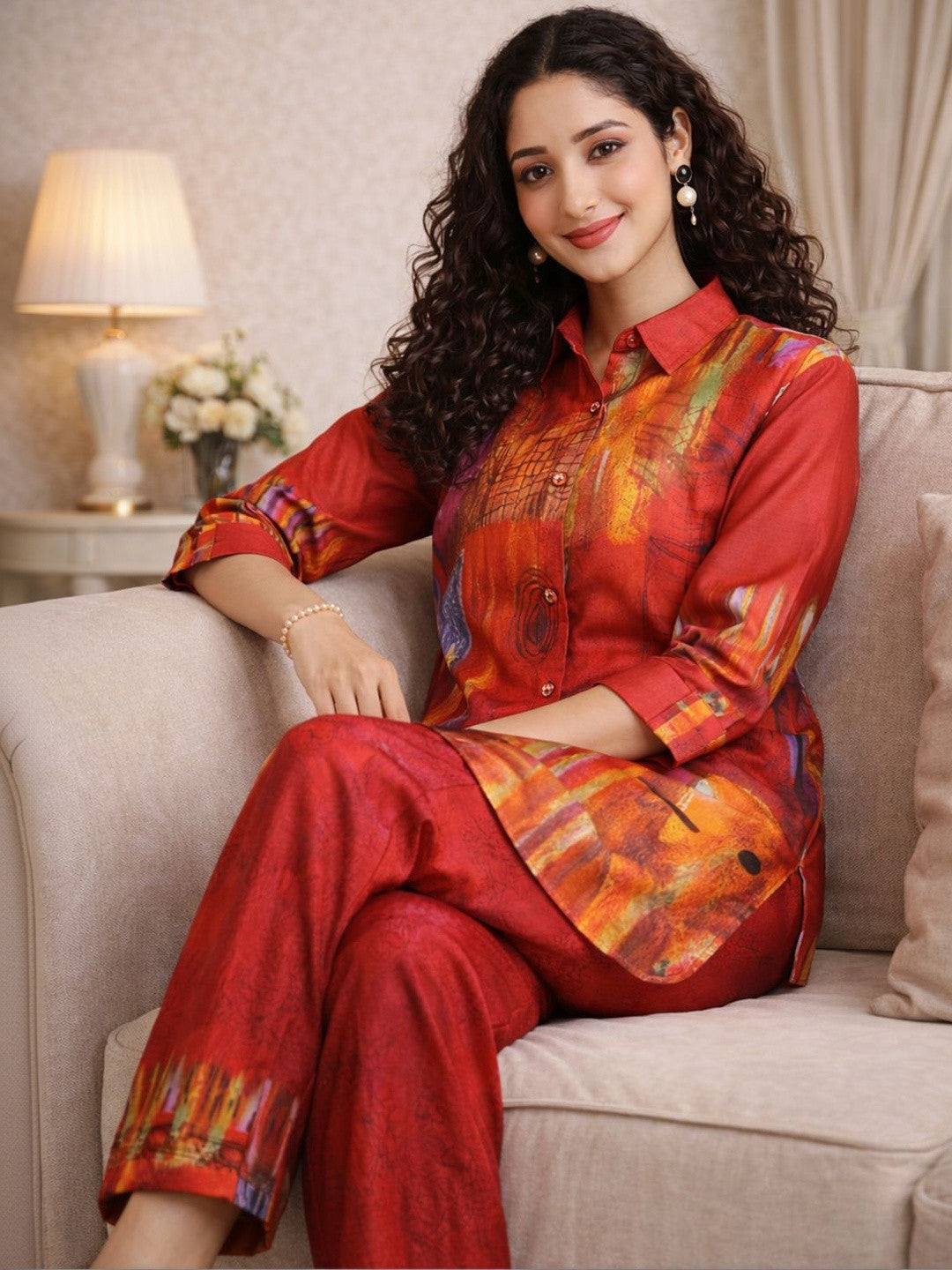 Printed Shirt Collar Shirt & Trousers Co-Ord