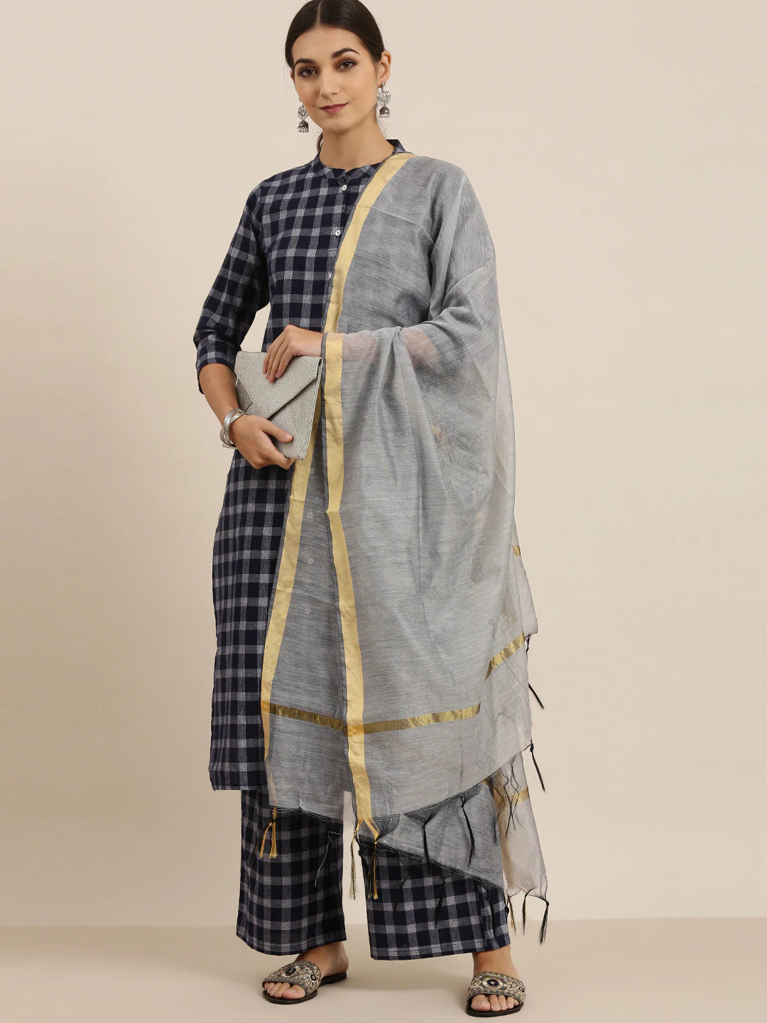 Women Navy Blue & Off-White Checked Kurta with Palazzos & Dupatta