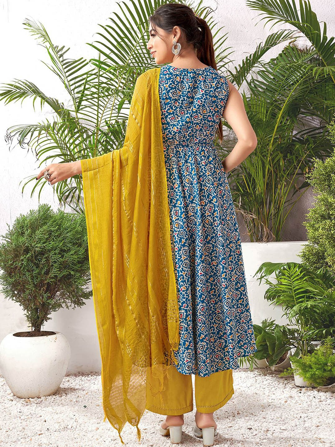 Ethnic Motifs Printed Angrakha Anarkali Kurta With Palazzos & Dupatta