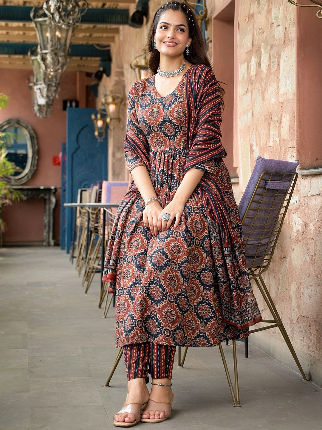 Ethnic Motifs Printed A-Line Kurta with Trousers & Dupatta