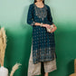 Green & White Floral Printed Straight Kurta & Palazzos