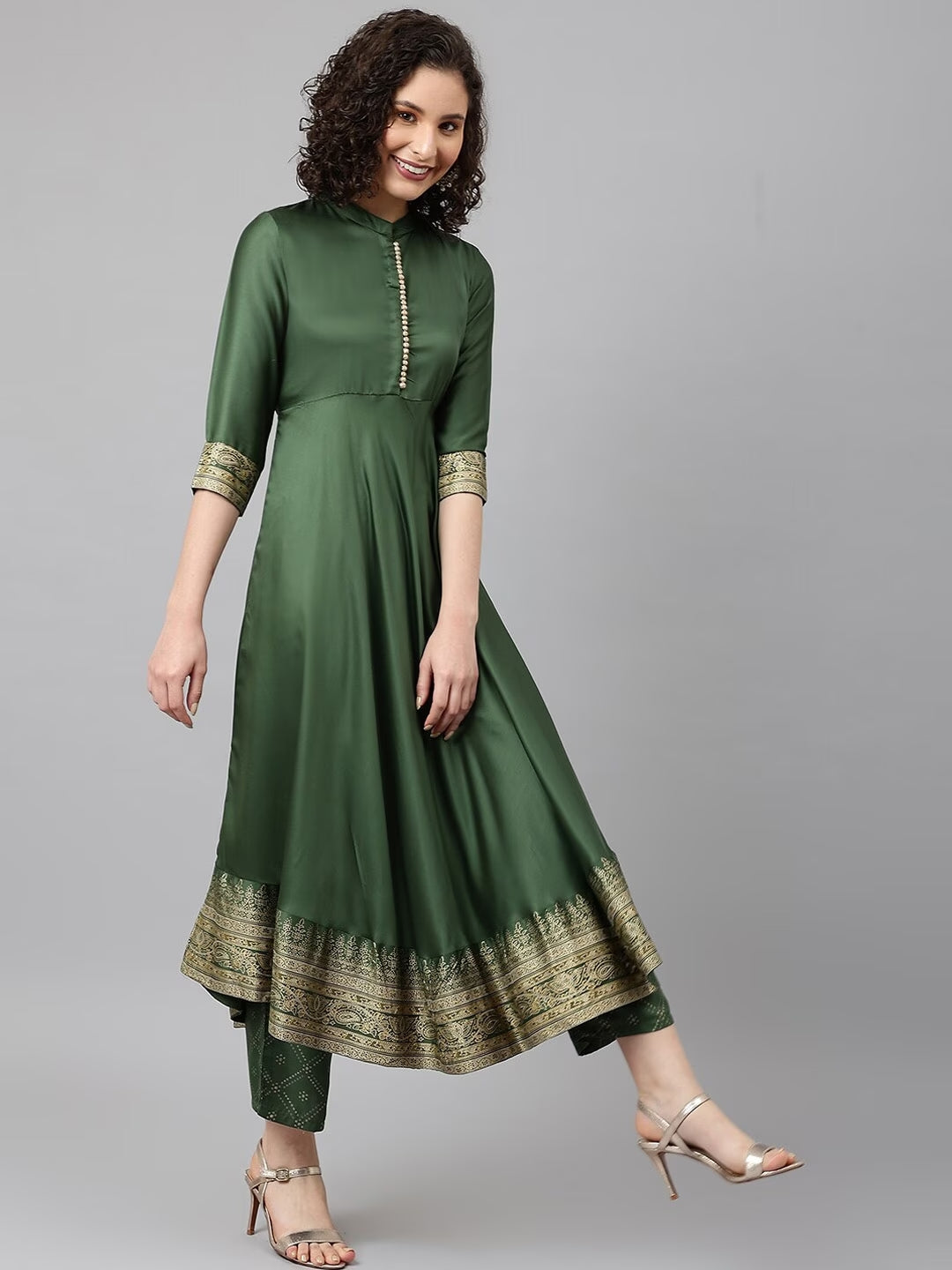 Green Anarkali Printed Kurta with Palazzos & With Dupatta