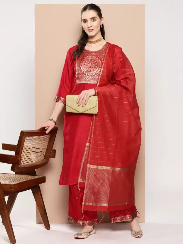 Women Red Cotton Blend Kurta Palazzo Dupatta Set