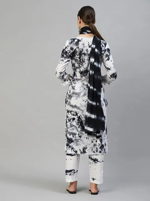 Tie- Dye Printed & Embroidered Straight Kurta with Pants & Dupatta - White & Black