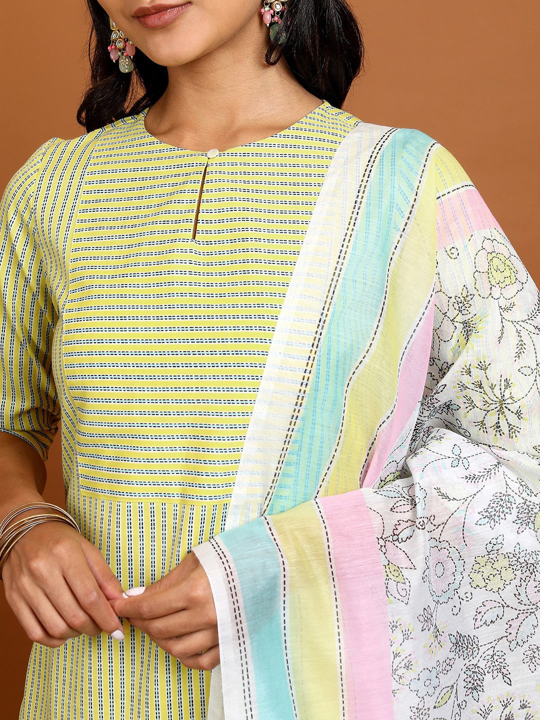 Yellow Striped Keyhole Neck Straight Kurta with Trousers & With Dupatta