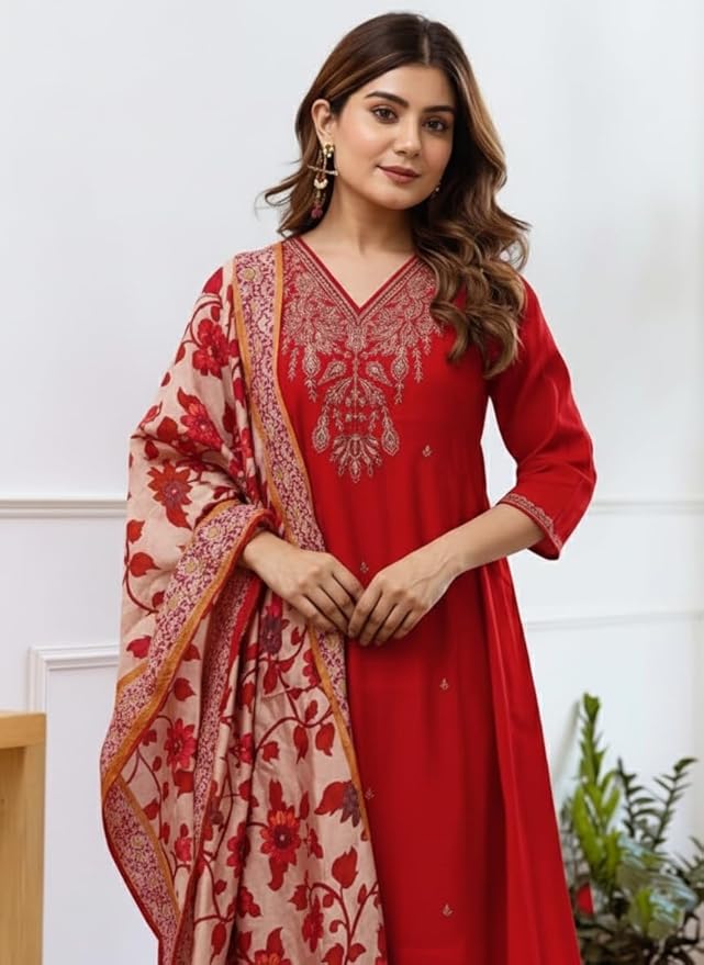 Women Silk Embroidered Kurta and Pant Set with Dupatta