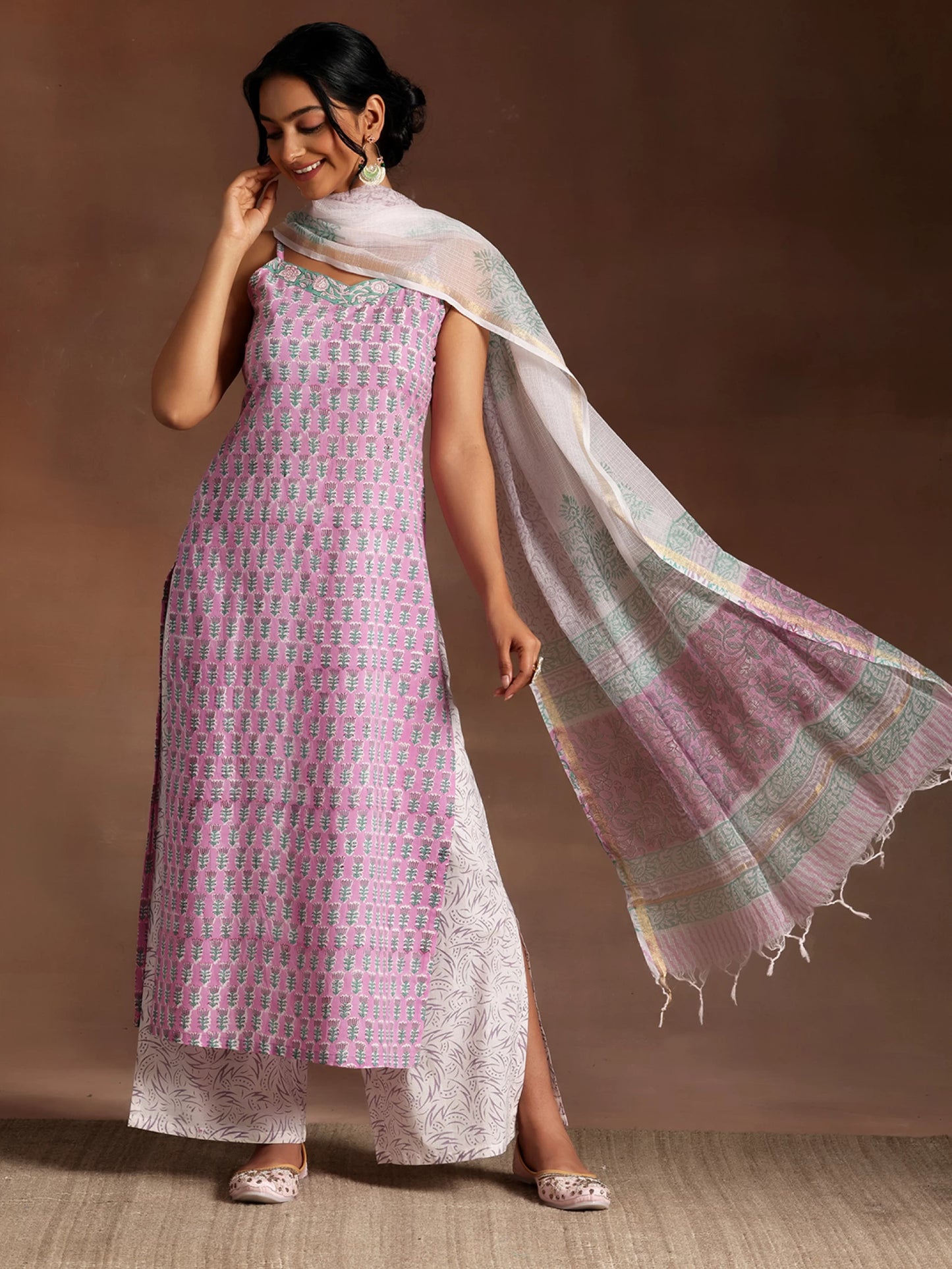 Women Spag Pure Cotton Kurta Palazzo Dupatta Set