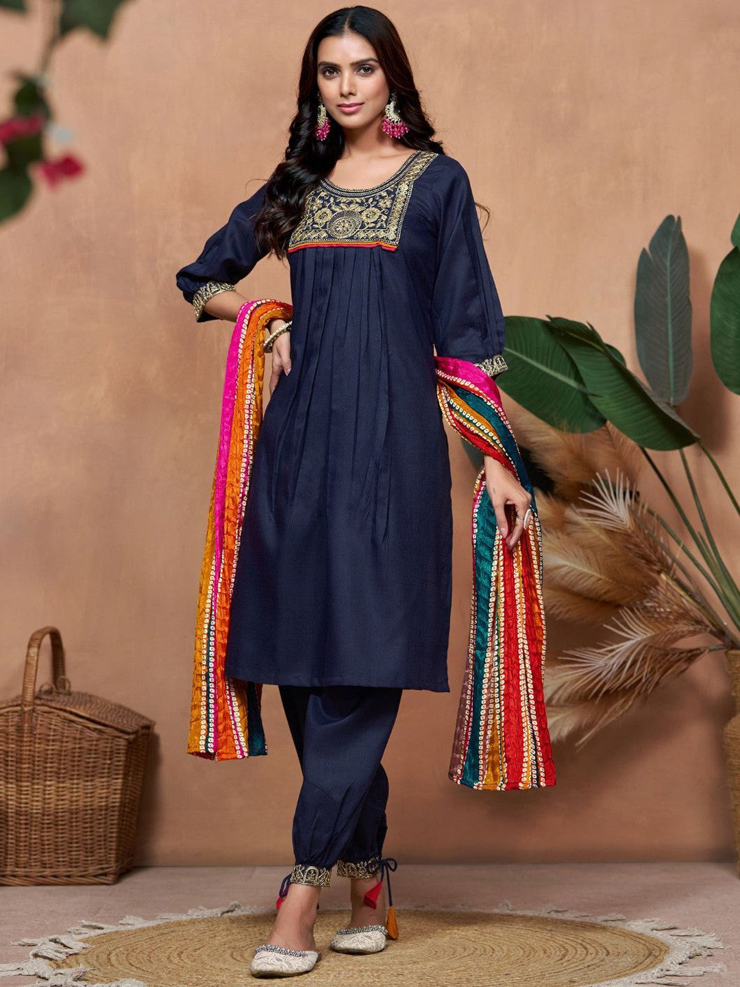 Floral Yoke Design Sequinned Straight Kurta With Salwar & Dupatta