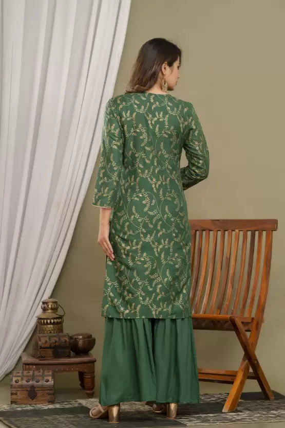 Women Green Viscose Rayon Kurta Sharara Set