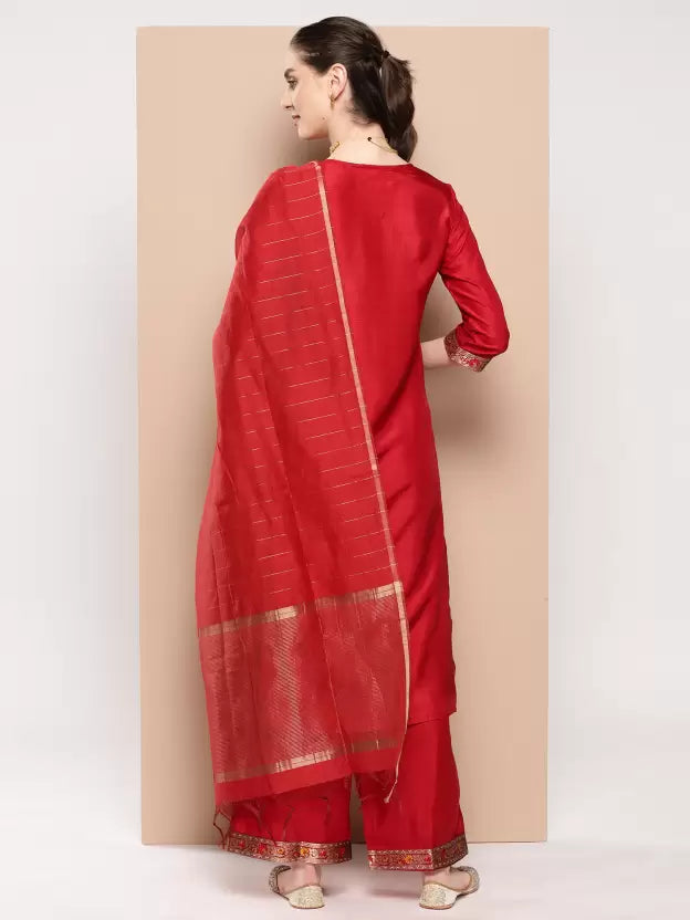 Women Red Cotton Blend Kurta Palazzo Dupatta Set