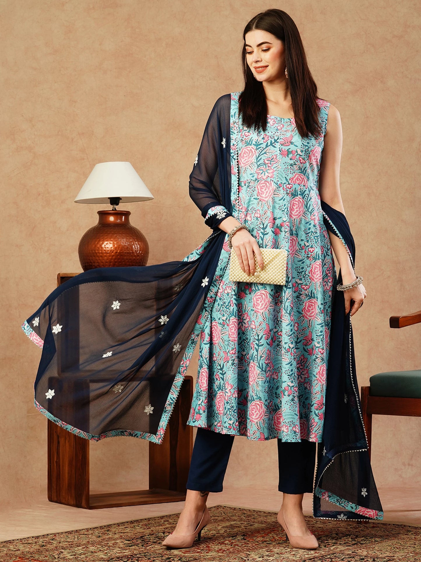 Women Cotton Blend Kurti Pant Dupatta Set