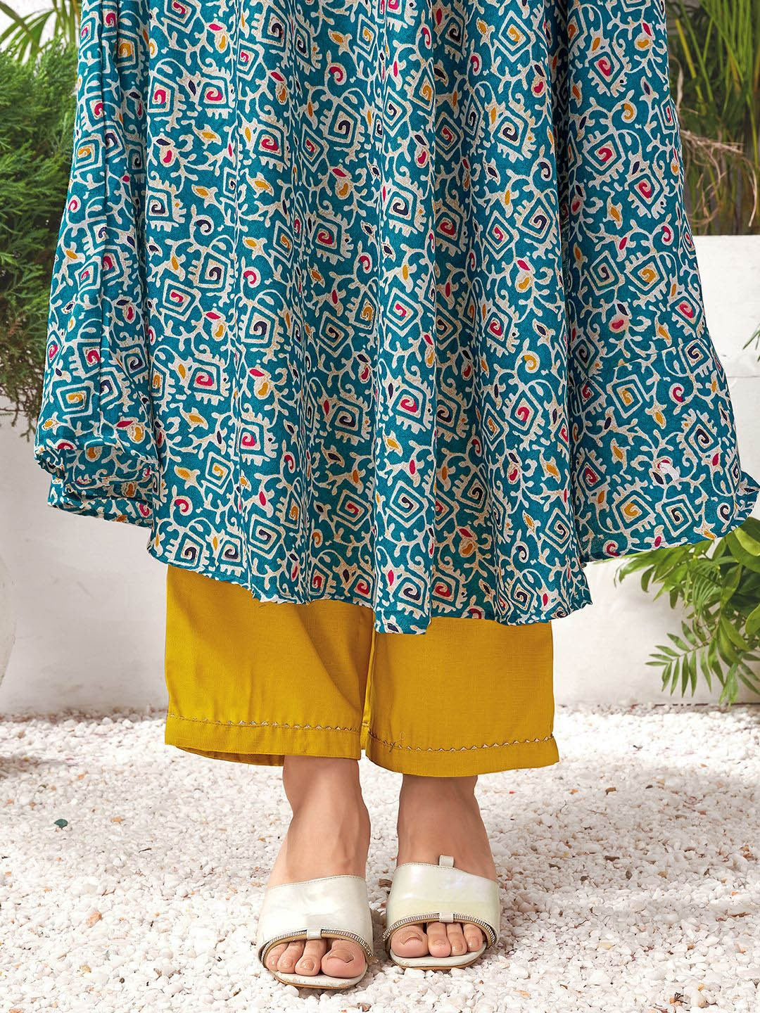 Ethnic Motifs Printed Angrakha Anarkali Kurta With Palazzos & Dupatta