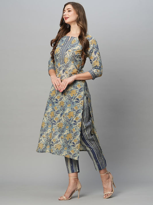 Women's Floral Cotton Blend Straight Printed Kurta with Pant Set