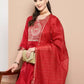 Women Red Cotton Blend Kurta Palazzo Dupatta Set