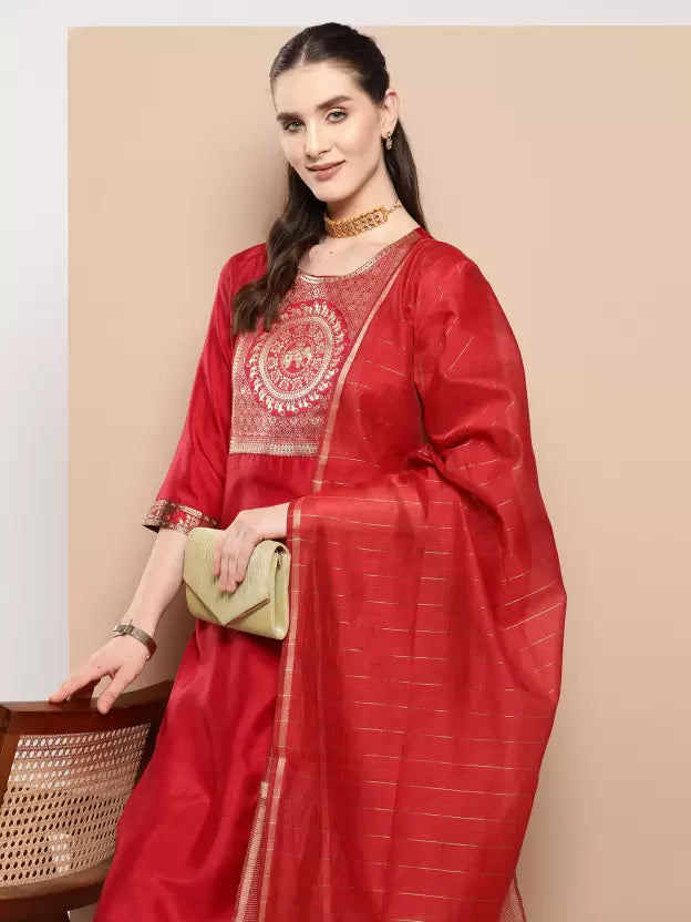 Women Red Cotton Blend Kurta Palazzo Dupatta Set