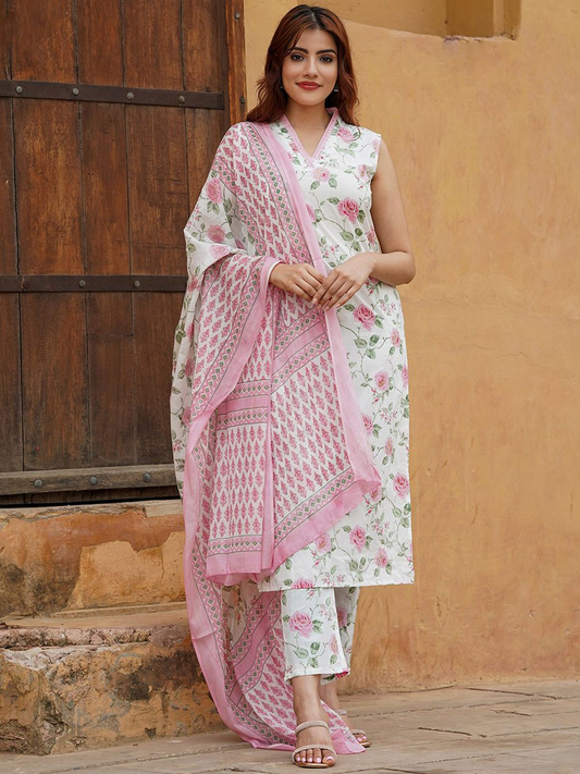 Floral Printed V-Neck Pure Cotton Kurta With Trousers & Dupatta